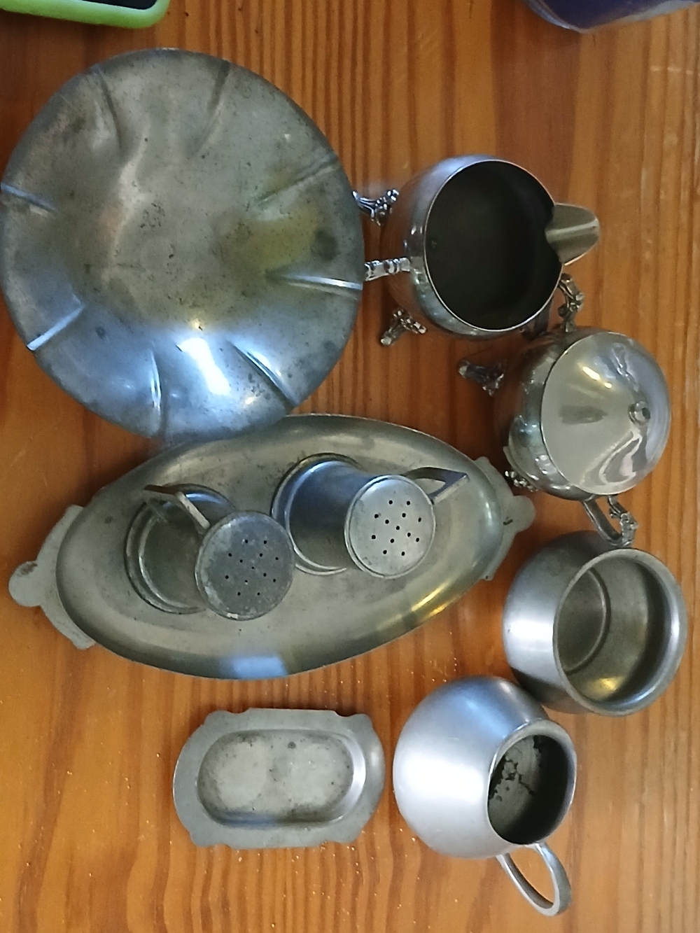 Vintage Pewter Kitchen Serving Set - Silver & Silver Plated Pieces 10.pcs